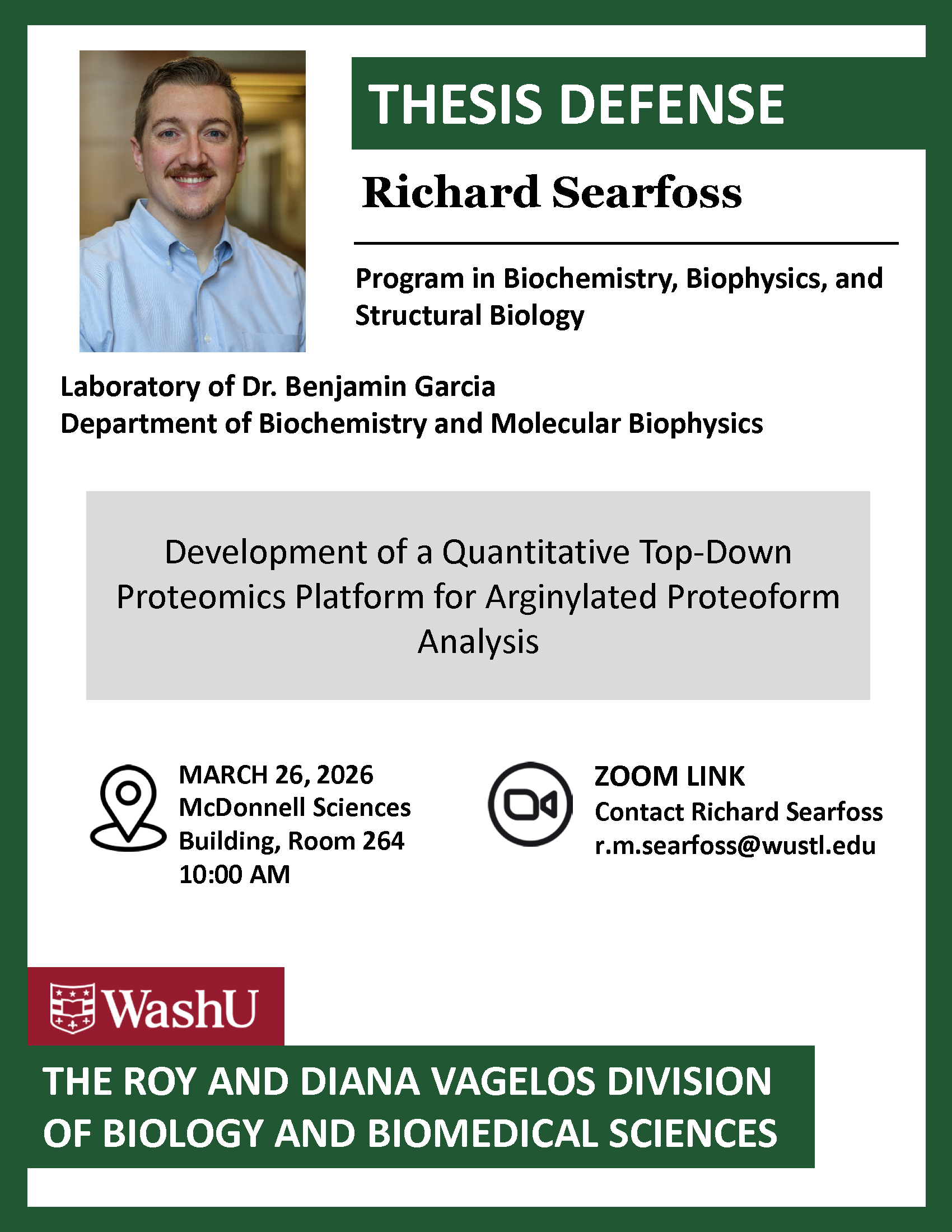 Richard Searfoss' thesis defense will be held on MARCH 26, 2026.