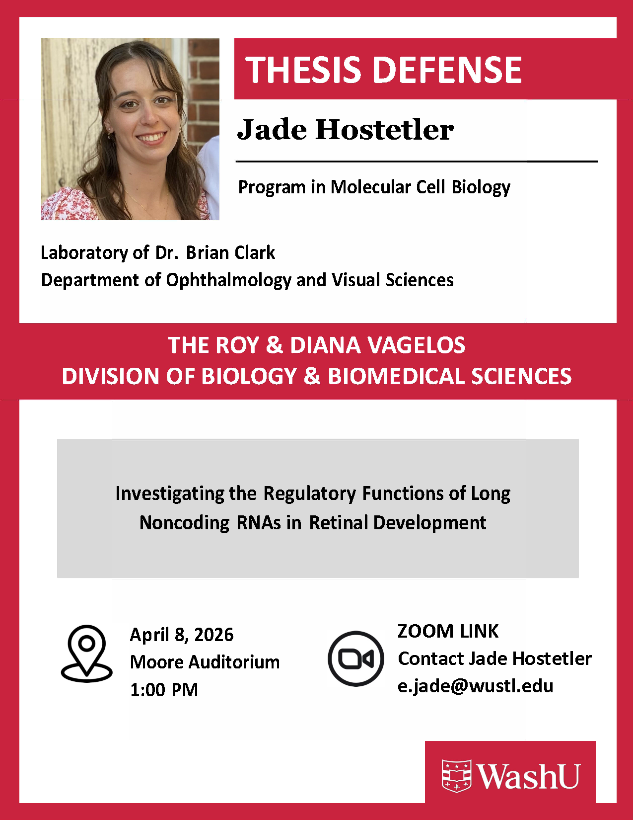 Jade Hoestetler's thesis defense will be held on April 6, 2026.